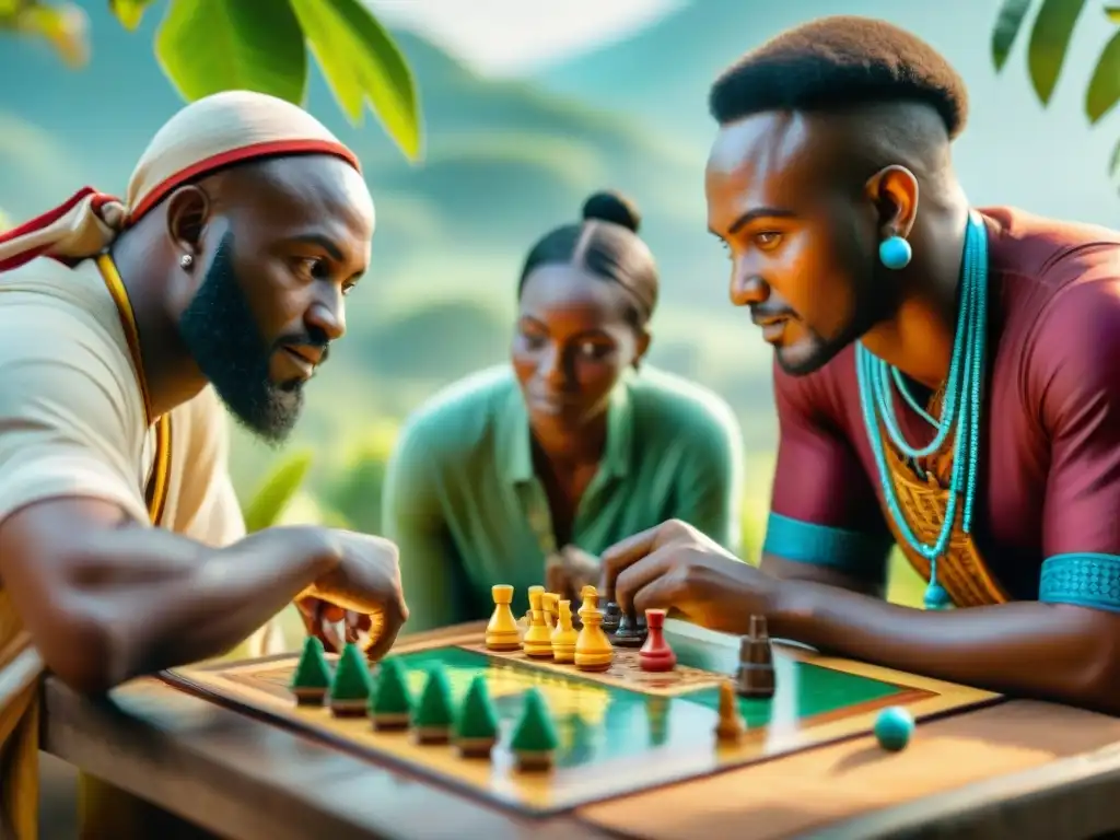 Jugadores inmersos en un juego de mesa temática africana en una aldea vibrante