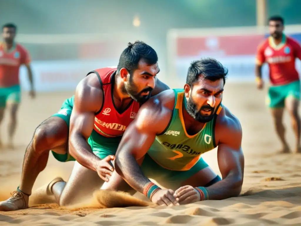 Dos jugadores de kabaddi en intenso combate bajo el sol, reflejando la competitividad y tradición del deporte