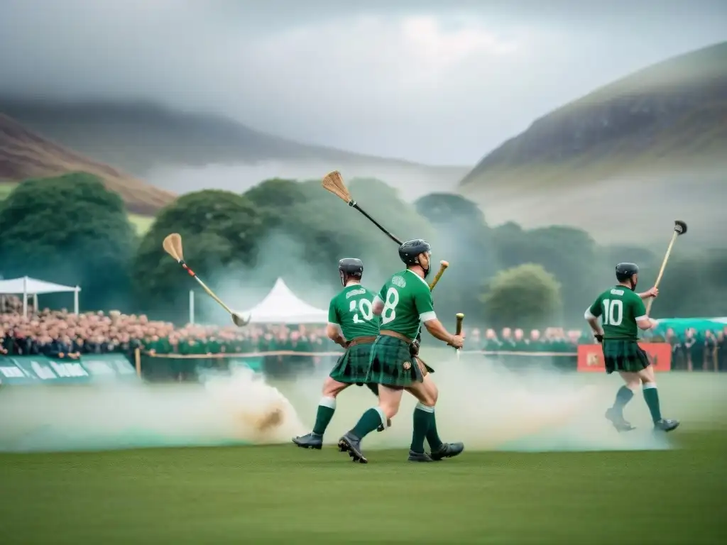 Jugadores compiten en un intenso partido de shinty en un campo verde, con símbolos celtas y kilts vibrantes