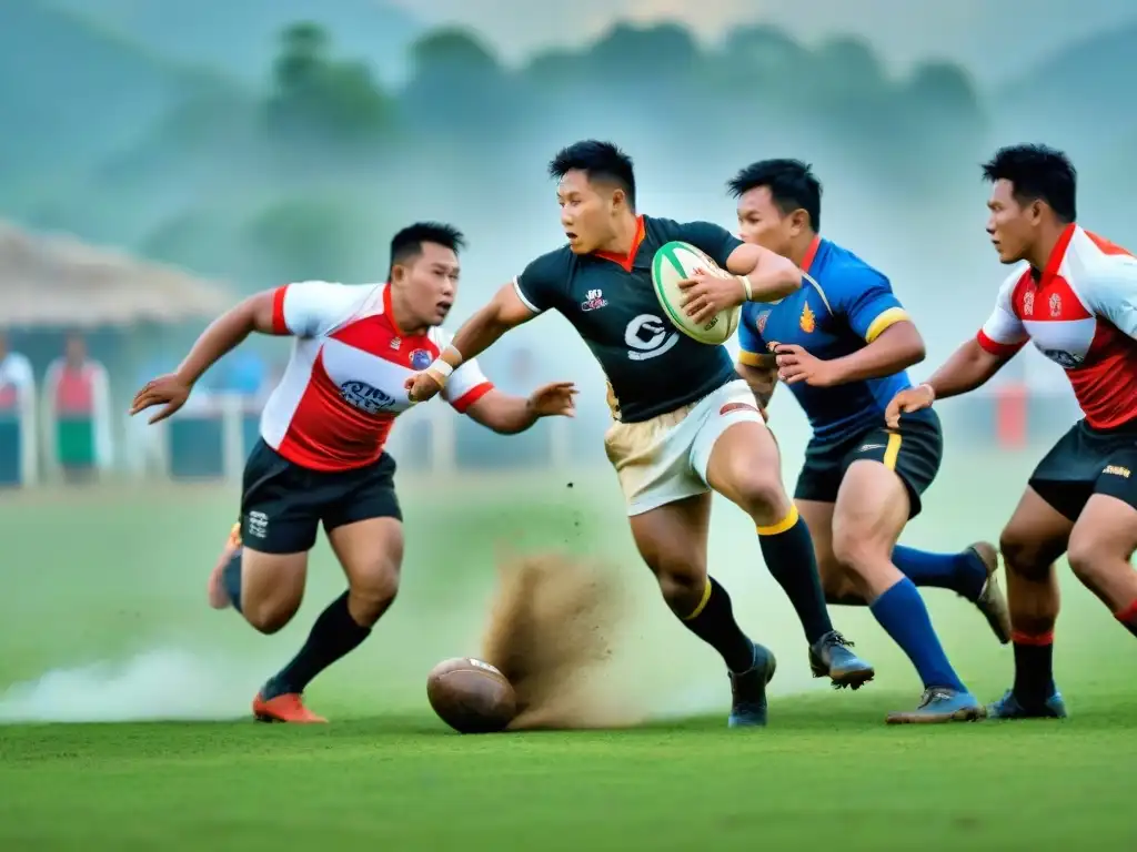 Jugadores de Yubi Lakpi en un intenso partido de Rugby Sagrado Manipur, mostrando fuerza y destreza en un momento dinámico y cautivador