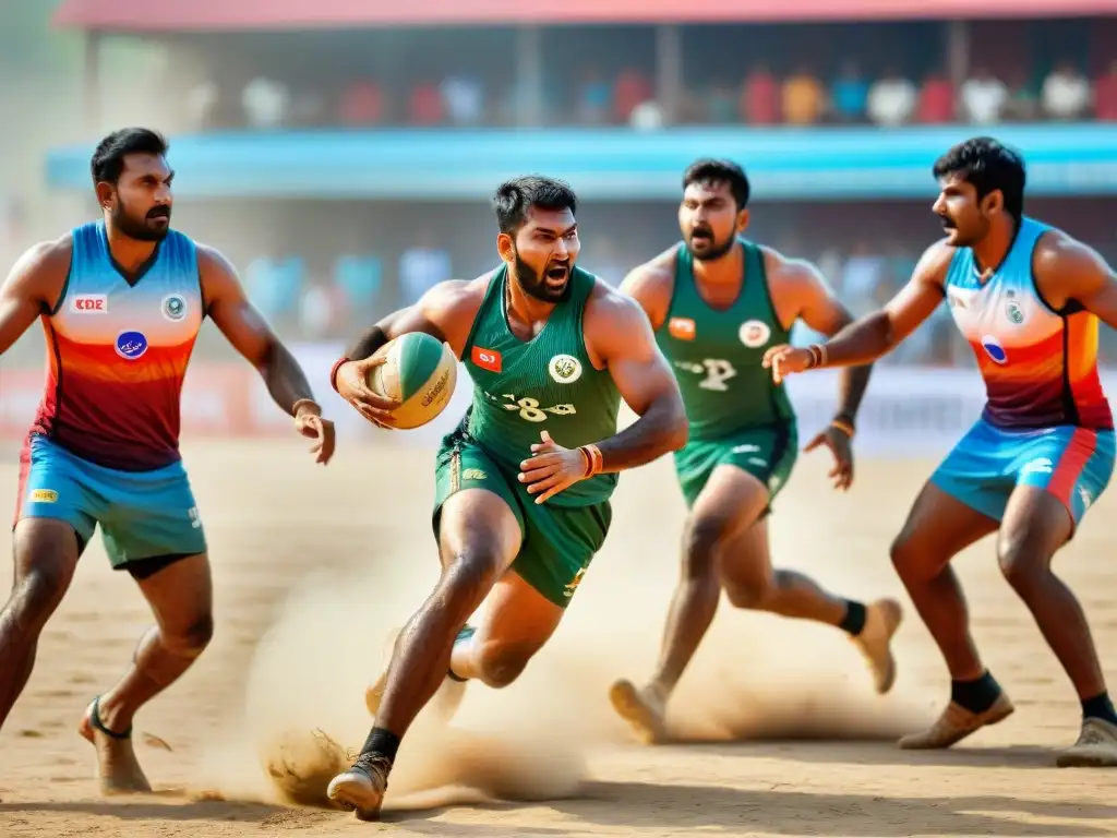 Jugadores de Kabaddi en un intenso partido bajo el sol, mostrando técnicas tradicionales