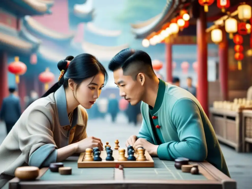 Dos jugadores intensos en una partida estratégica de Xiangqi en un mercado de Beijing