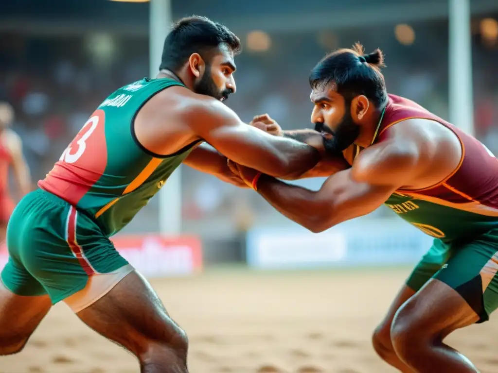 Dos jugadores de kabaddi luchan intensamente bajo luces de estadio, destacando la naturaleza competitiva y física del deporte