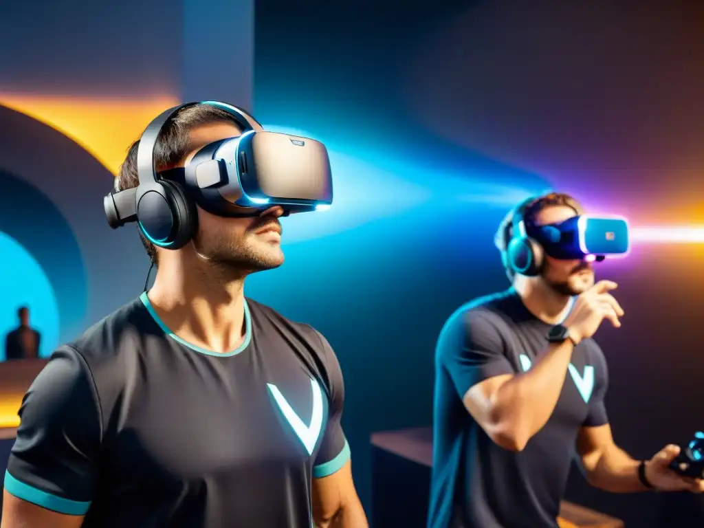 Jugadores disfrutando de los mejores juegos de realidad virtual 2022 en paisajes futuristas e interactivos, inmersos en la experiencia virtual