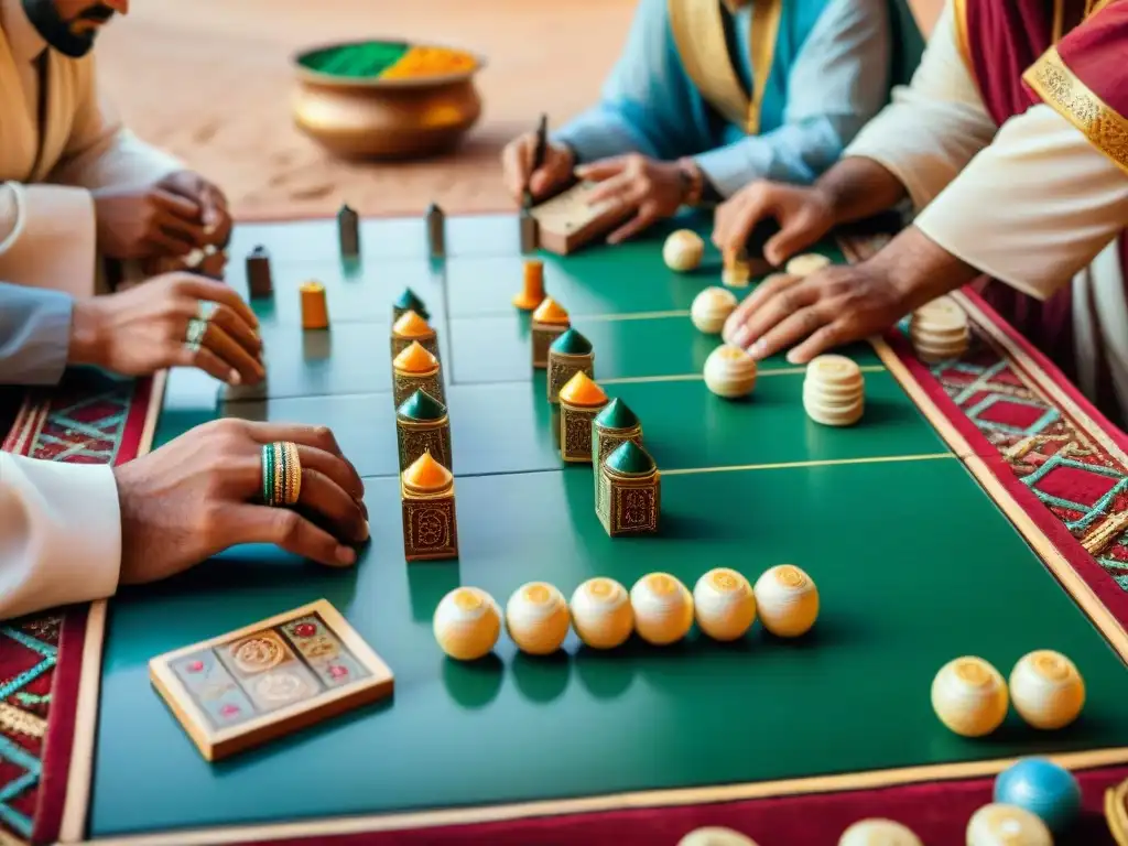 Jugadores disfrutan de Toguz Kumalak en un mercado marroquí, reflejando la influencia árabe en juegos norteños