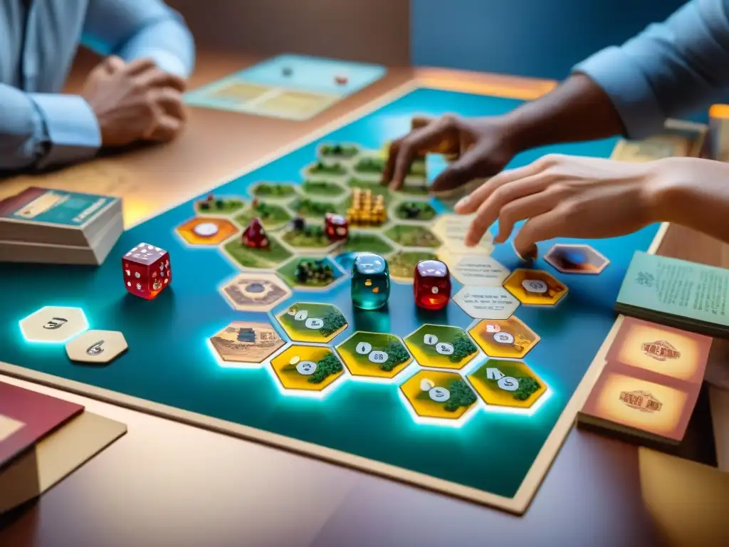 Jugadores de mesa intercambiando recursos y estrategias en una partida intensa de Catan