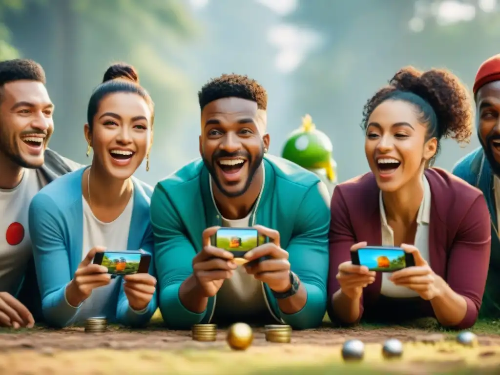 Diversos jugadores móviles disfrutan intensamente de juegos en smartphones, expresando alegría y concentración