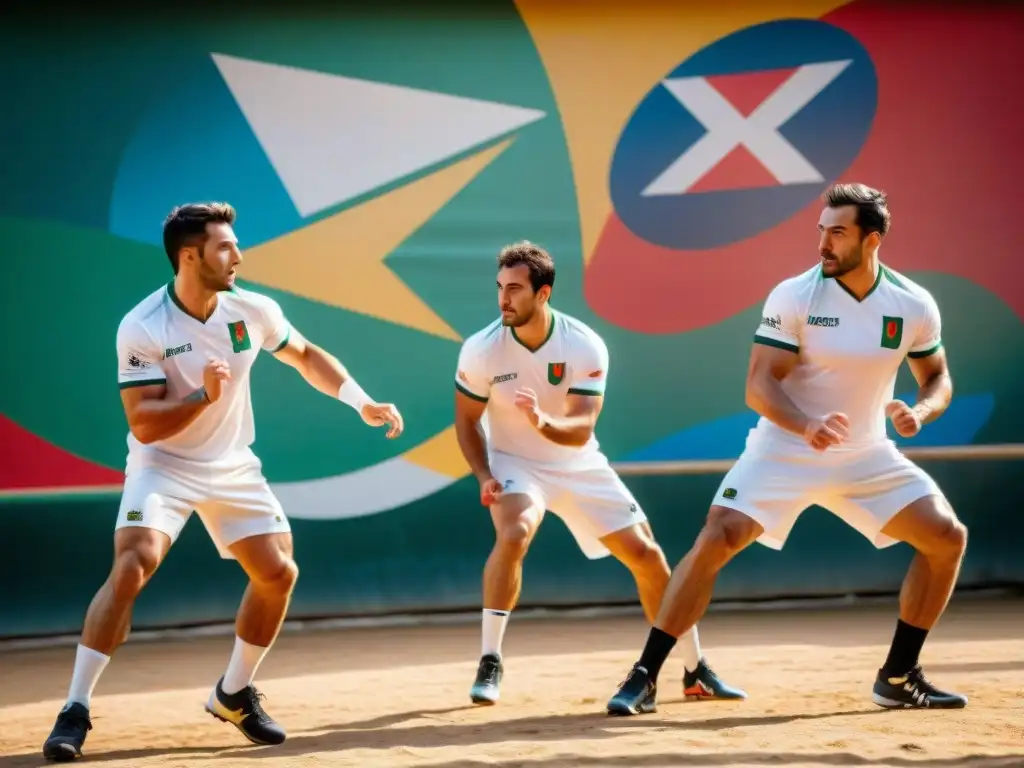 Jugadores de Pelota Vasca concentrados en un frontón, destacando la agilidad y tradición de este deporte