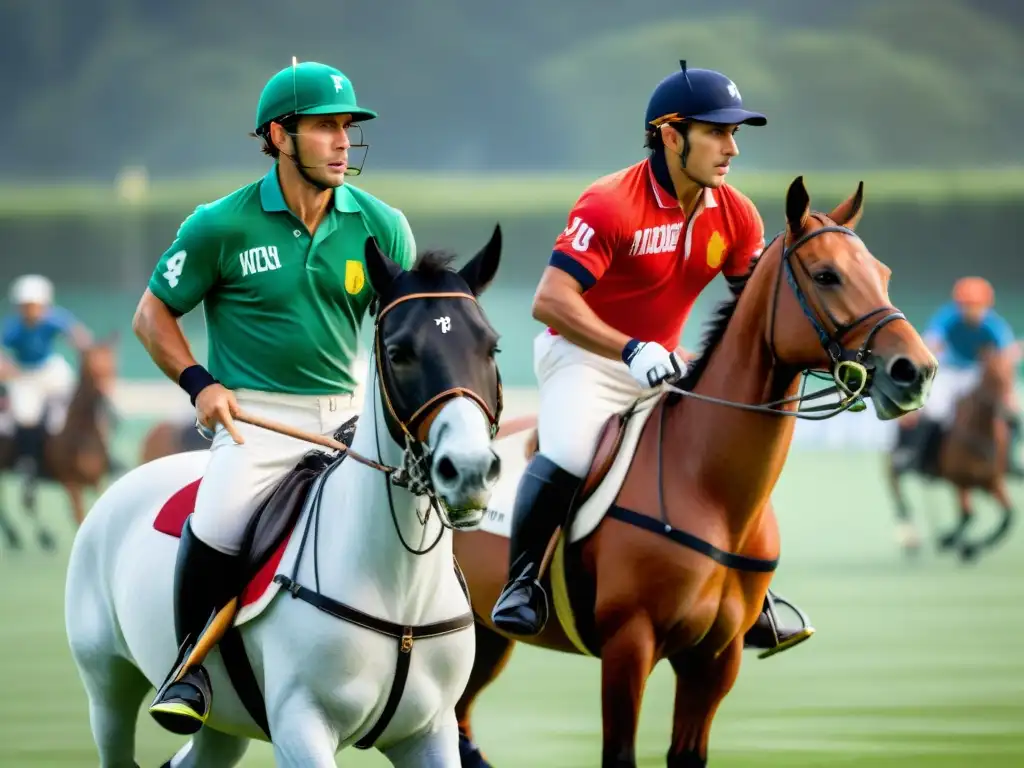 Dos jugadores de polo en un intenso partido en un campo verde en Argentina