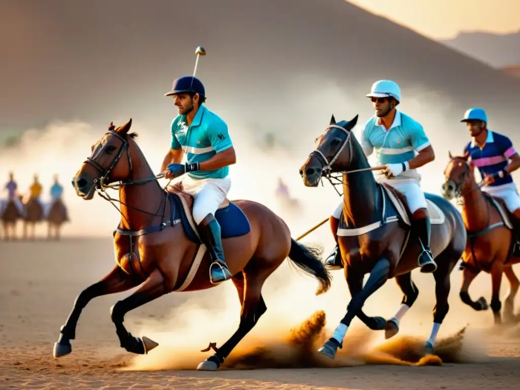 Jugadores de polo compitiendo en el Medio Oriente, mostrando la evolución del Polo en Culturas con intensidad y gracia