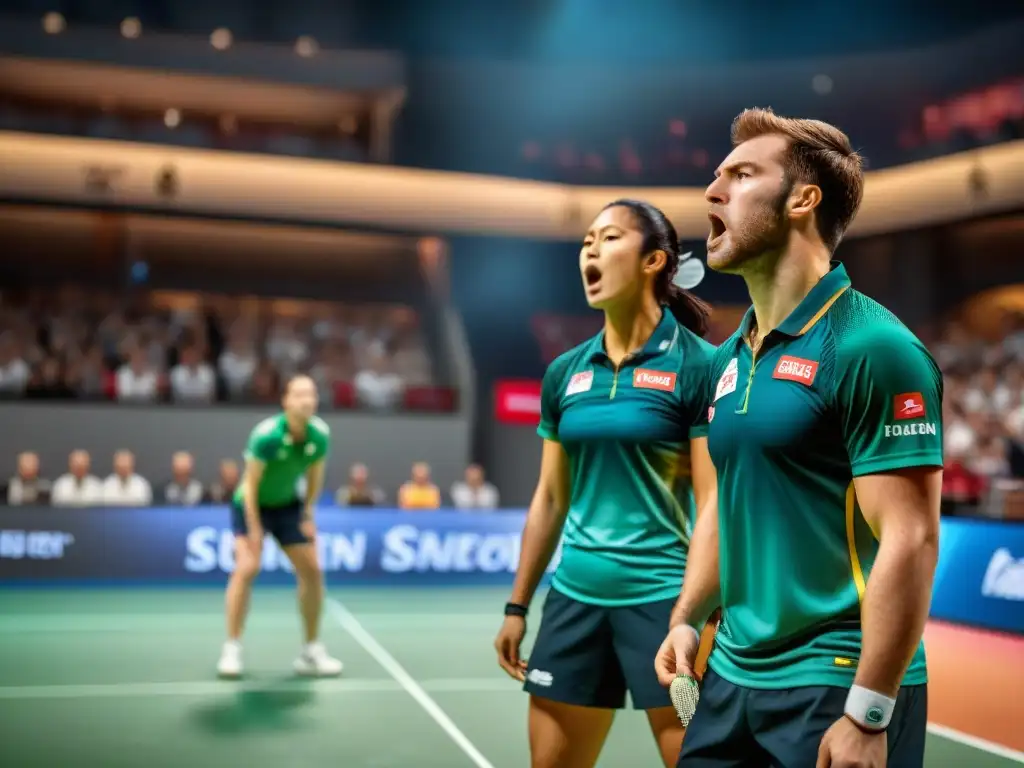 Dos jugadores profesionales en un intenso rally de bádminton en competencia global