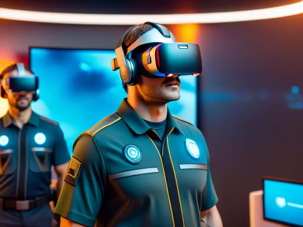 Jugadores en realidad virtual estratégica en un campo de batalla futurista, concentrados en la pantalla holográfica