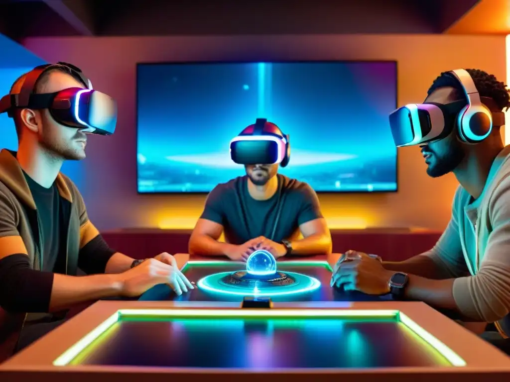 Jugadores de realidad virtual en juego tradicional futurista con hologramas y diseño detallado