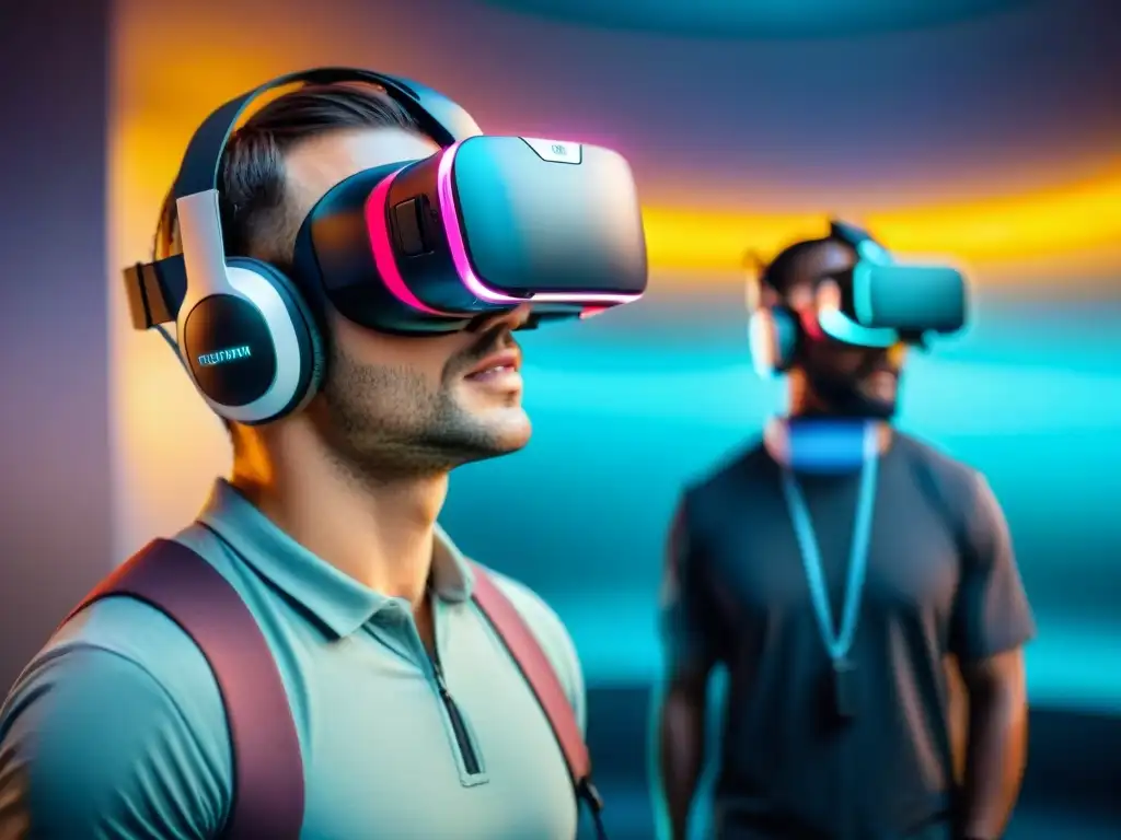 Jugadores disfrutan de la realidad virtual en videojuegos, inmersos en un mundo futurista y colorido