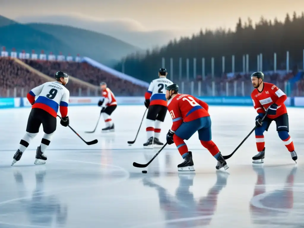 Jugadores de bandy rusos en acción sobre hielo, destacando la historia del hockey sobre hielo en Rusia