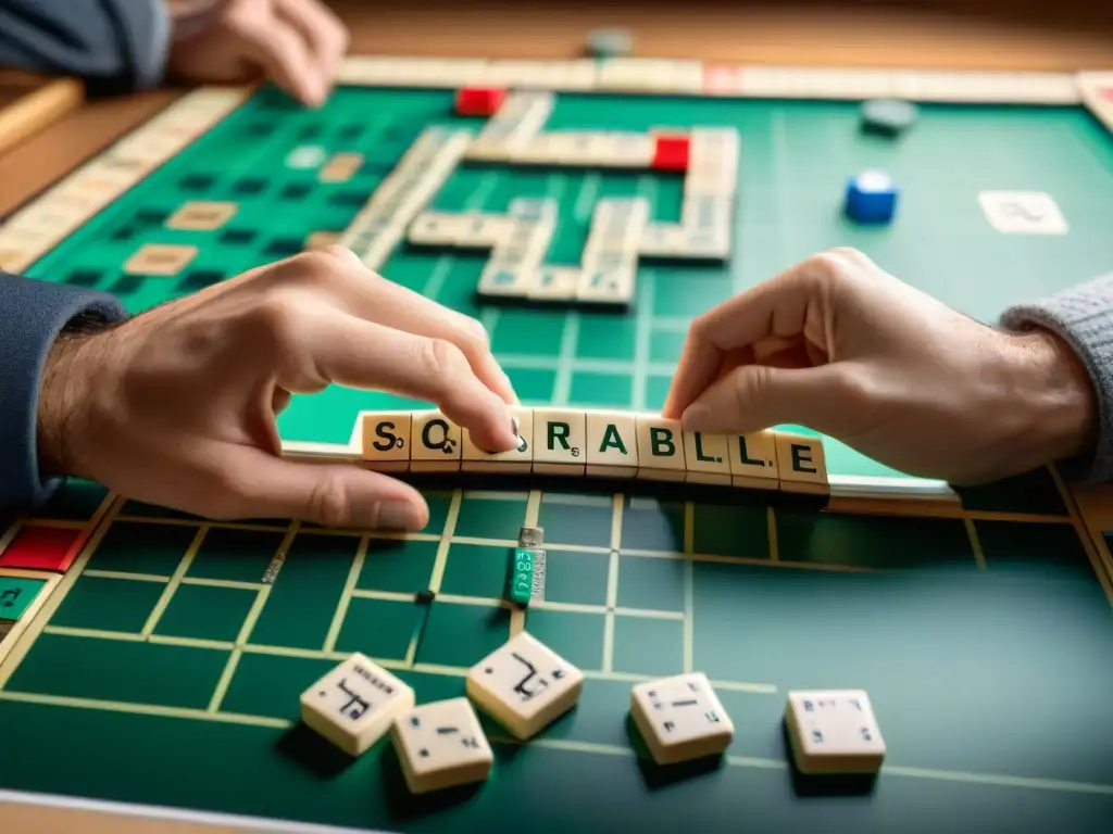 Dos jugadores de Scrabble concentrados en sus fichas, estrategias ganadoras en juegos de mesa