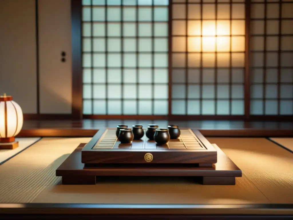 Dos jugadores de shogi en un tablero de madera, iluminados por una linterna de papel, en un escenario japonés tradicional con kimono y bonsáis