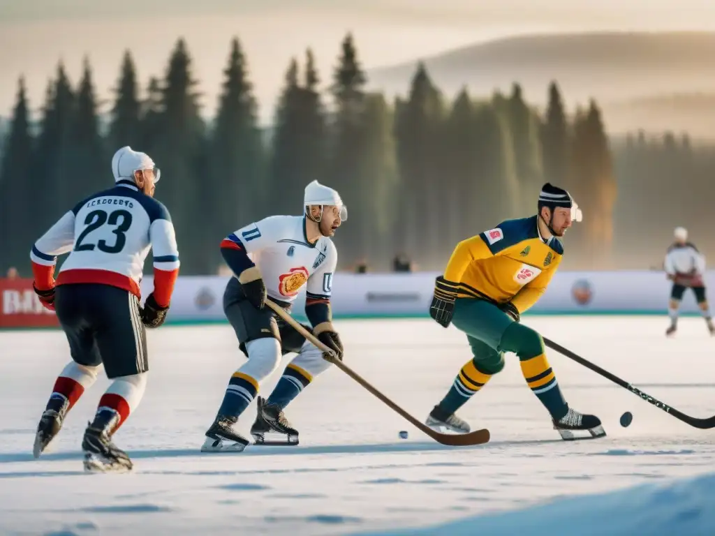 Jugadores de bandy en la Rusia del siglo XX, reflejando la historia del hockey sobre hielo en un emocionante partido en la nieve