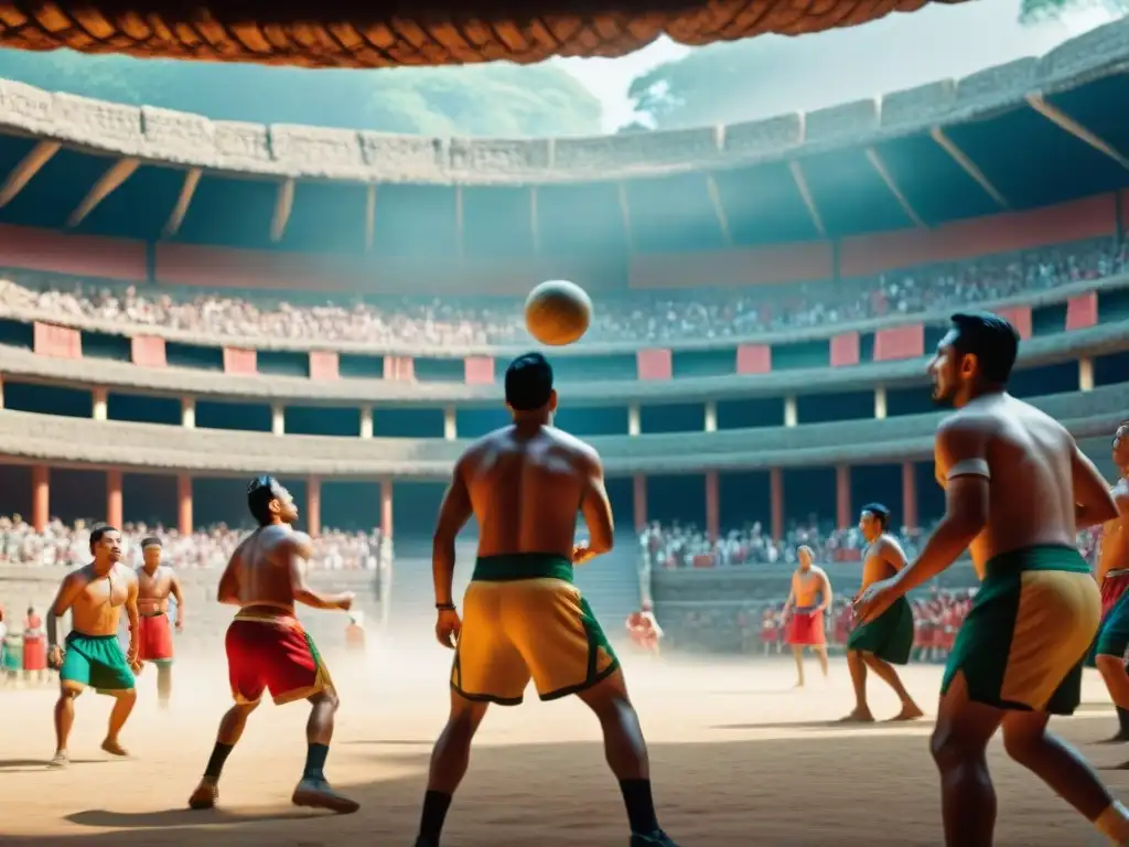 Duelo épico en la cancha de Ulama: detalle vibrante y ancestral Jugadores de Ulama en un juego vibrante en una cancha mesoamericana, mostrando la cultura y deportes ancestrales del mundo
