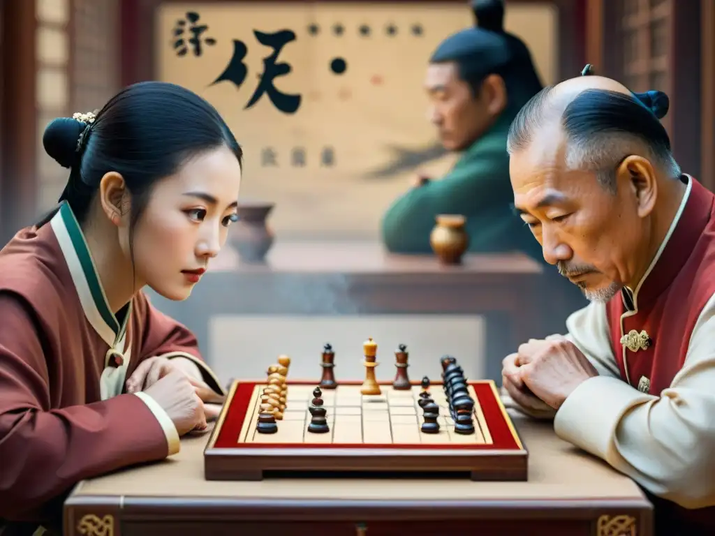 Dos jugadores de Xiangqi concentrados en una partida estratégica, rodeados de elementos tradicionales chinos