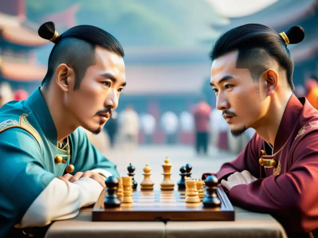 Dos jugadores de Xiangqi en una intensa batalla estratégica, rodeados de admiradores en un animado mercado asiático