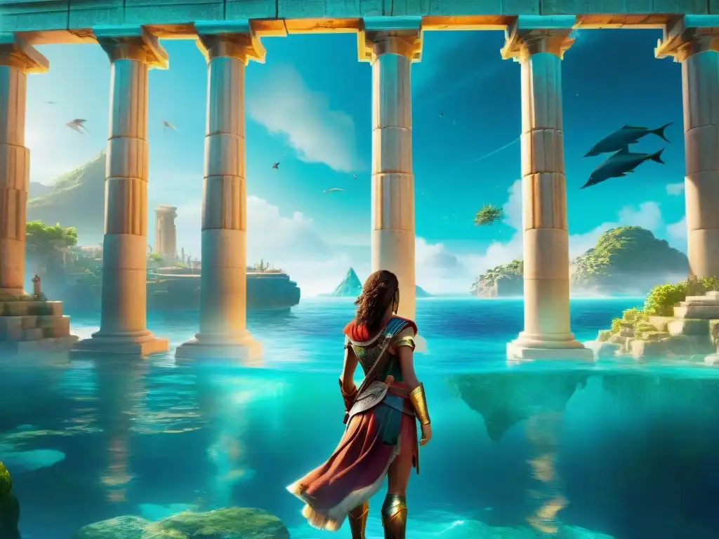 Kassandra de Assassin's Creed Odyssey en el borde de Atlantis, revelando los secretos de la ciudad bajo el mar