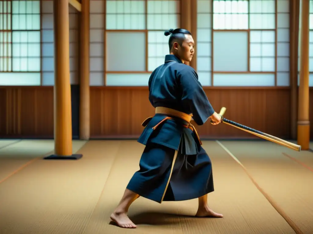Práctica de Kendo: tradición y disciplina en el dojo Práctica de Kendo en un dojo japonés, reflejando la tradición marcial y la historia del kendo