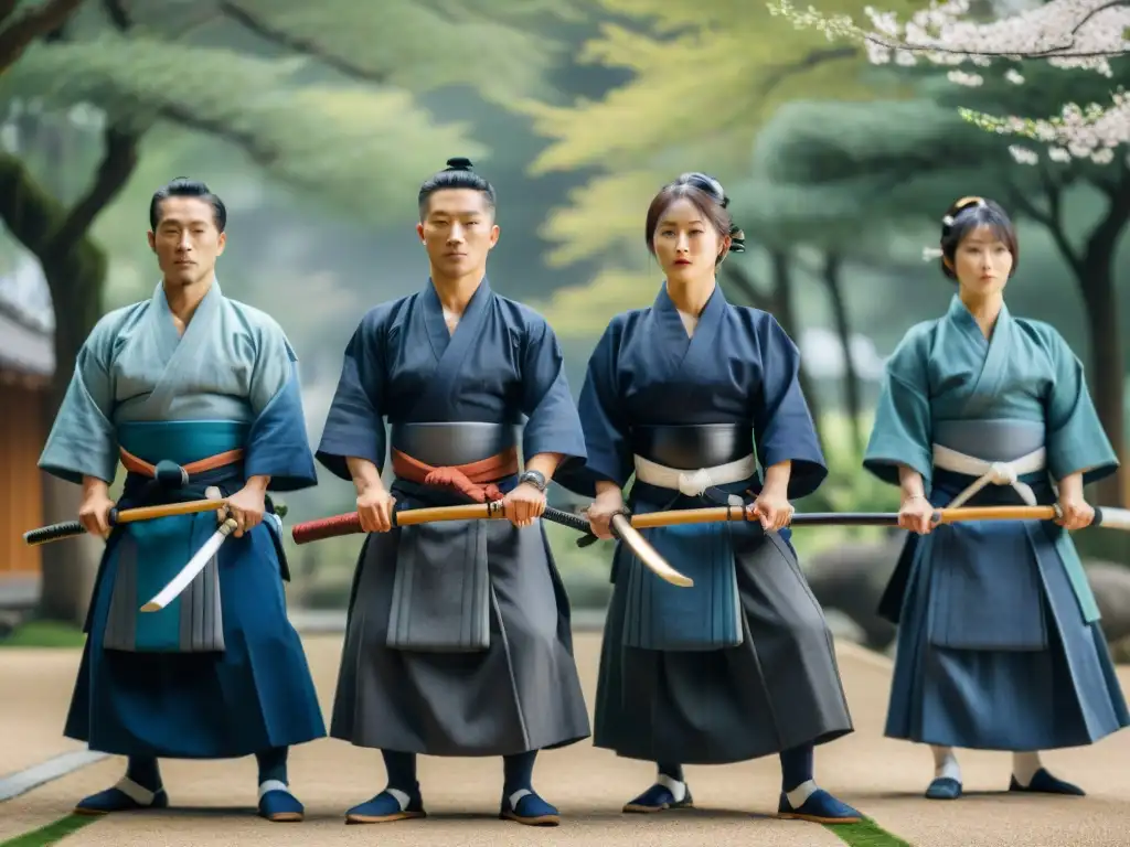 Práctica de Kendo entre cerezos en flor: disciplina y gracia Práctica de Kendo en jardín japonés con cerezos en flor: tradición marcial japonesa kendo historia