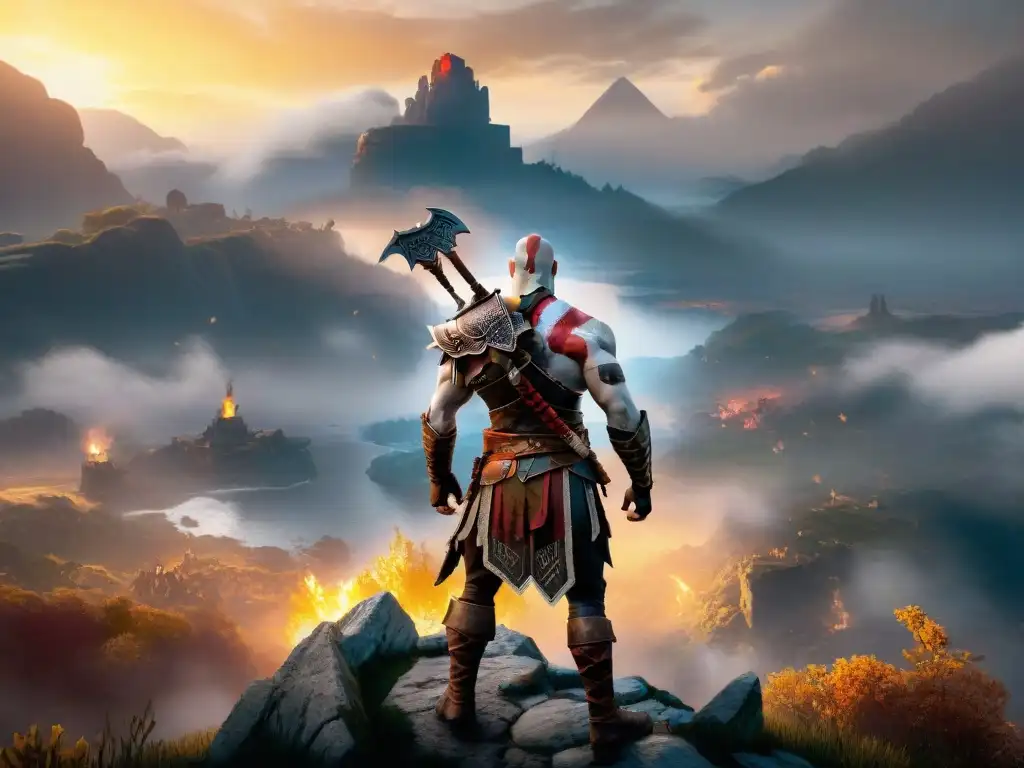 Kratos, de God of War, en la cima de una montaña al atardecer