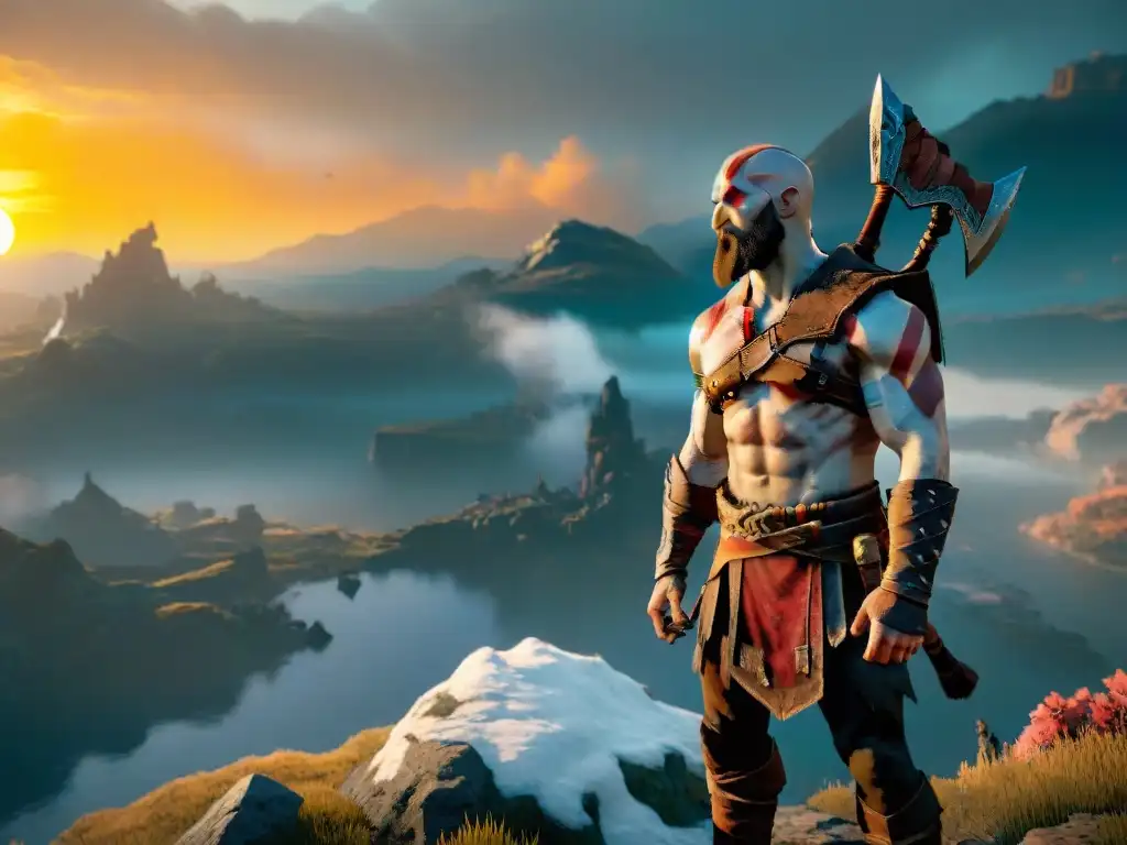 Kratos en la cima de una montaña al atardecer, su hacha Leviatán en la espalda