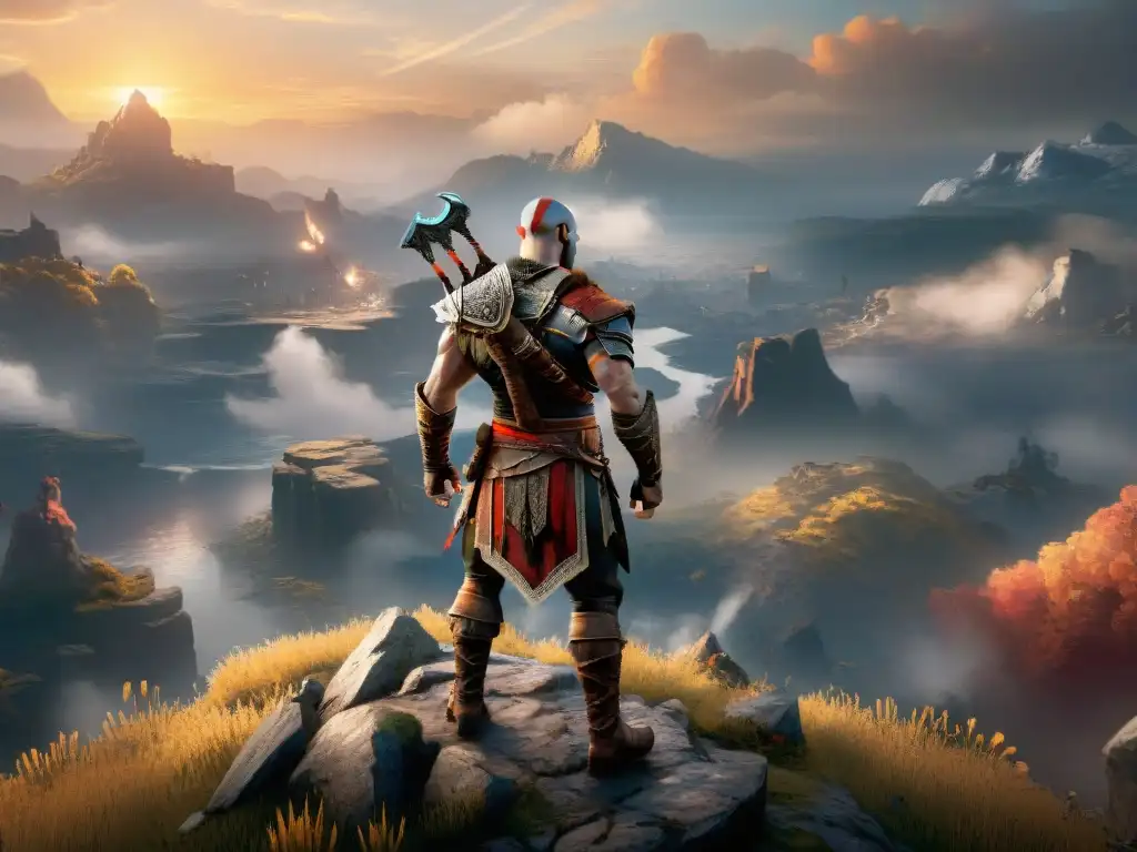 Kratos en la cima de una montaña al atardecer, listo para desbloquear habilidades God of War