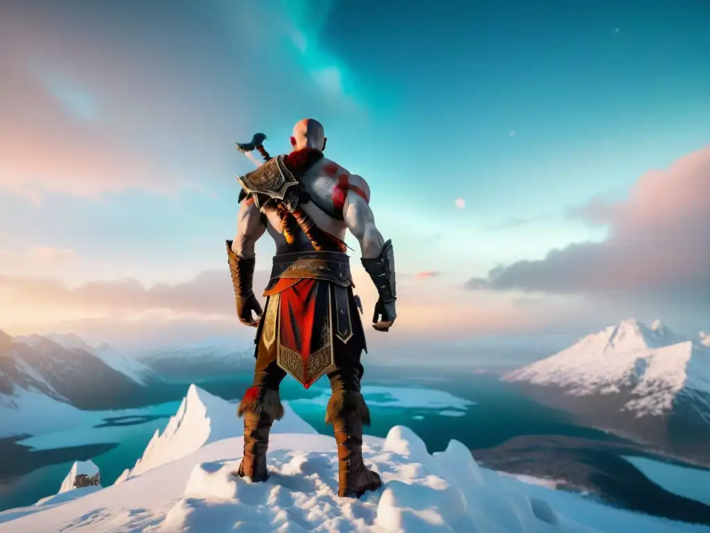 Kratos en la cima de una montaña nevada, listo para desbloquear habilidades en God of War