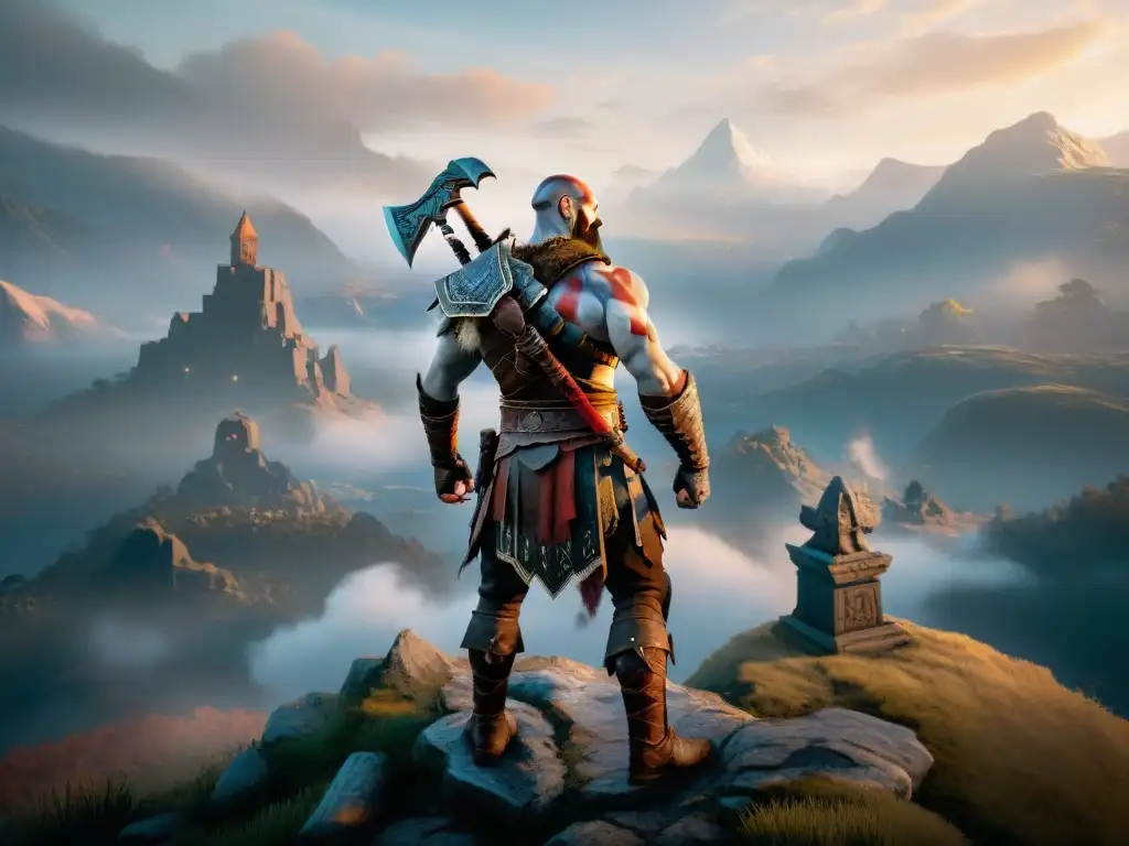 Kratos, el protagonista de God of War, listo para desbloquear habilidades en la cima de una montaña mítica al amanecer