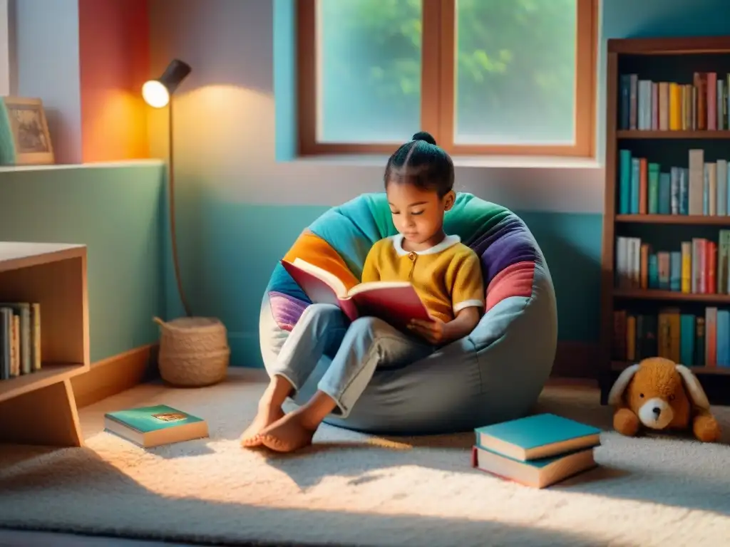 Un rincón de lectura acogedor con juegos educativos literatura niños en una habitación iluminada, con un niño fascinado por un libro