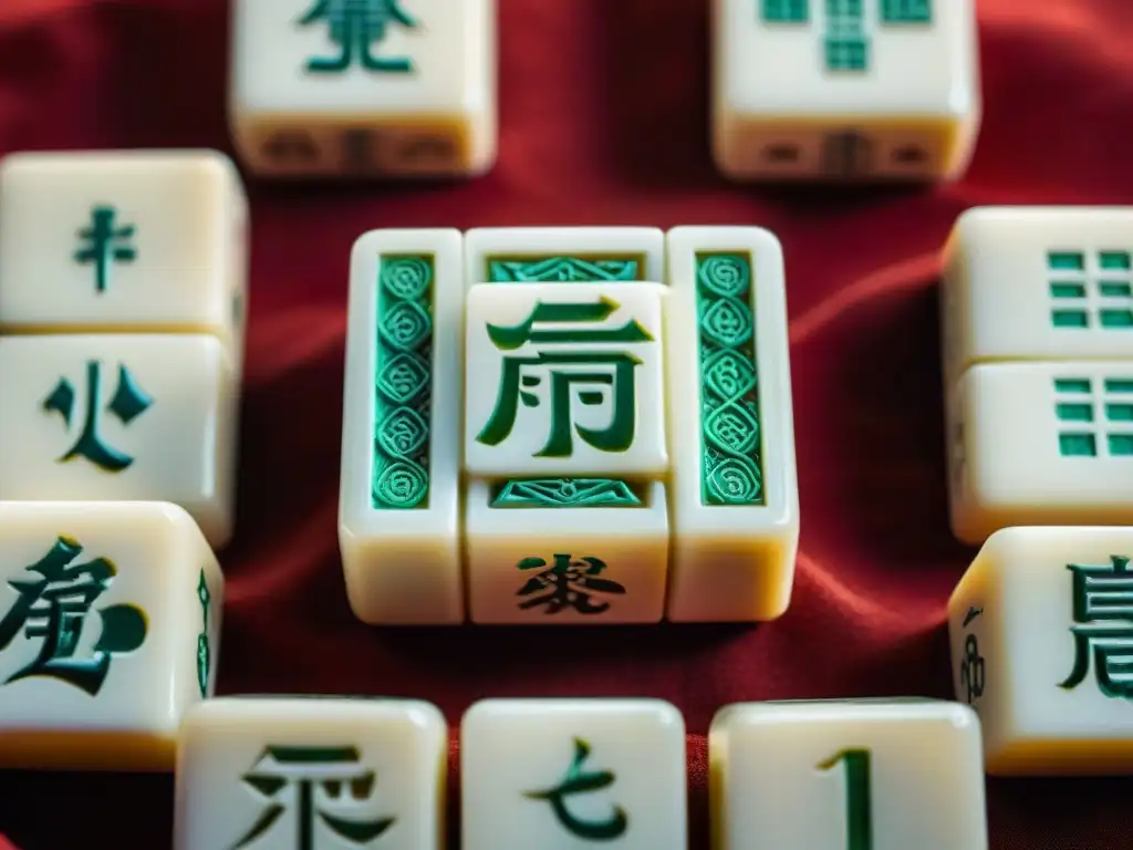 Legado cultural del mahjong chino: juego antiguo con detalles tallados en marfil y símbolos pintados a mano sobre seda roja