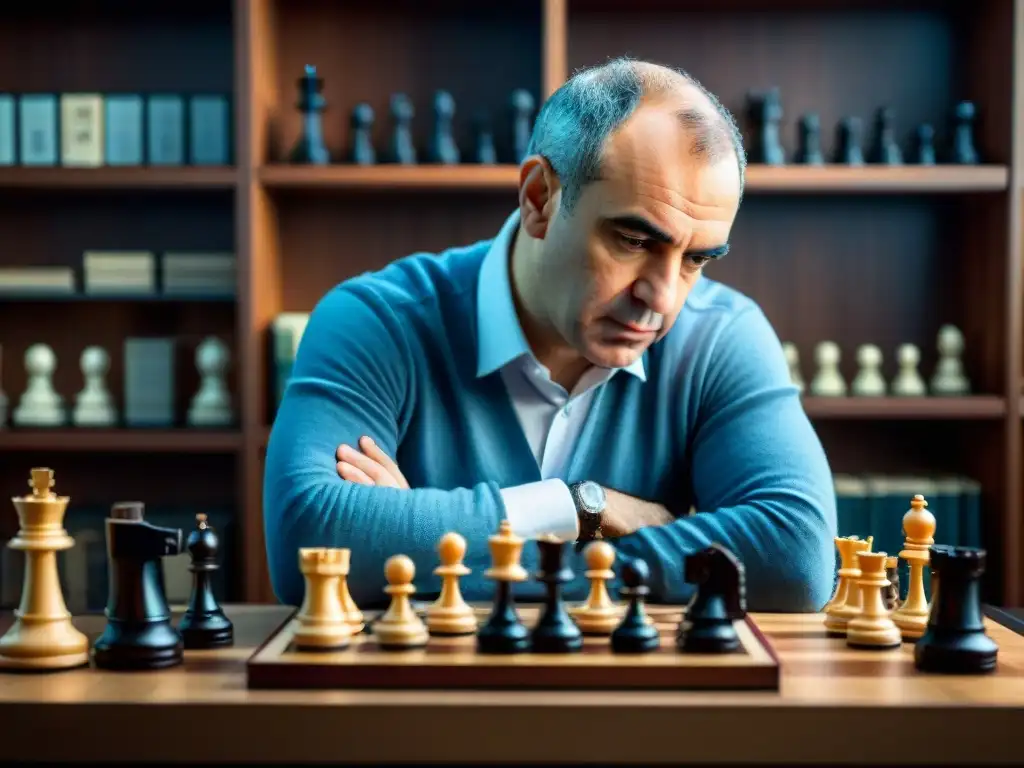 El legendario Garry Kasparov, inmerso en el tablero de ajedrez, rodeado de libros y piezas, refleja su maestría y concentración