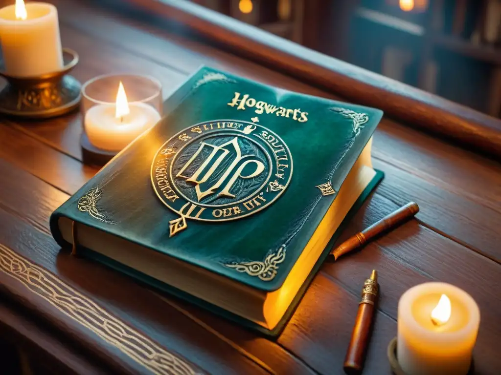 Libro de hechizos Harry Potter Hogwarts Mystery en mesa de madera iluminado por vela