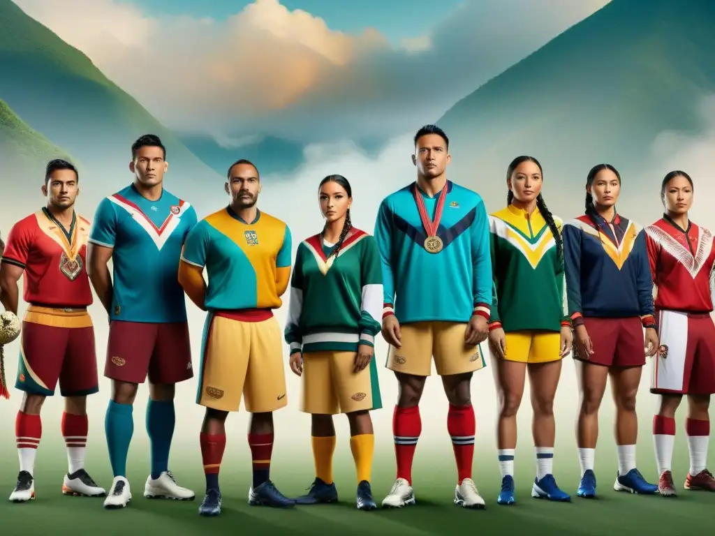 Lineup de atletas indígenas en uniformes deportivos ancestrales, mostrando el significado de los colores