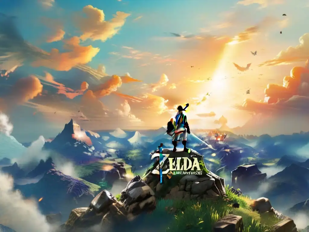 Link en Hyrule al atardecer: épico paisaje de Breath of the Wild Link de 'The Legend of Zelda: Breath of the Wild' en lo alto de un acantilado, con el sol poniéndose sobre Hyrule