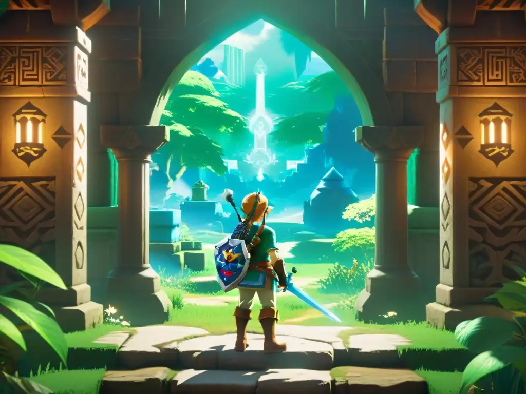 Link, con su atuendo verde, ante la entrada de un místico santuario en The Legend of Zelda