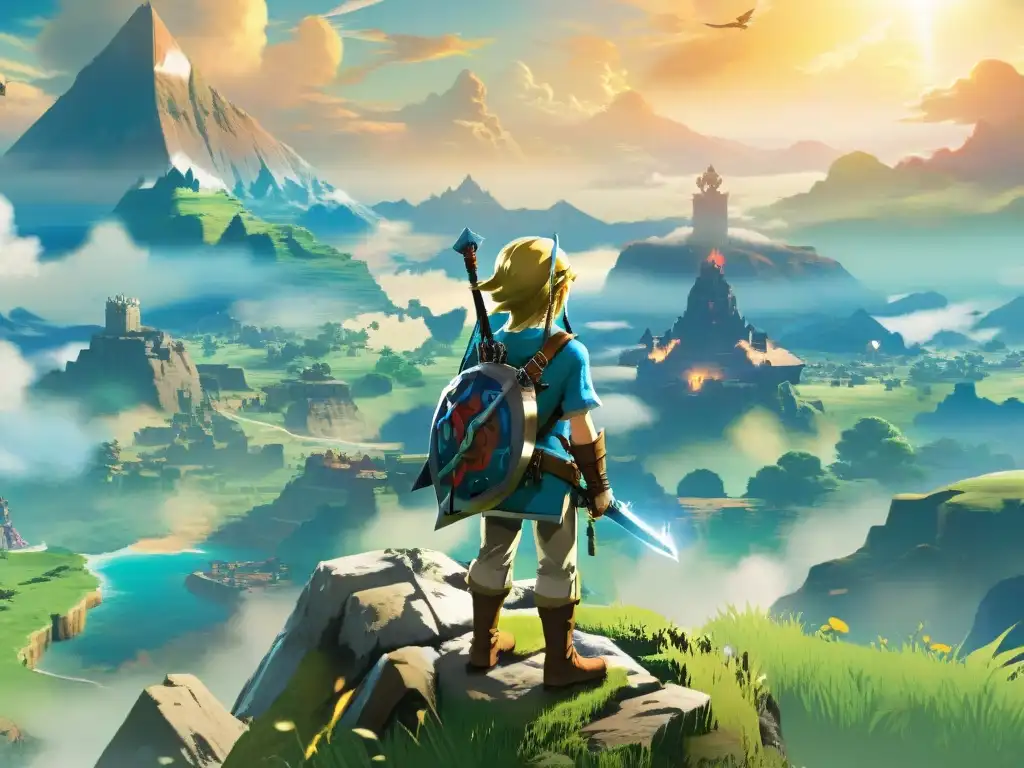 Link en Hyrule al atardecer: detalle impresionante Link en el borde de un acantilado en Hyrule al atardecer, con paisaje exuberante
