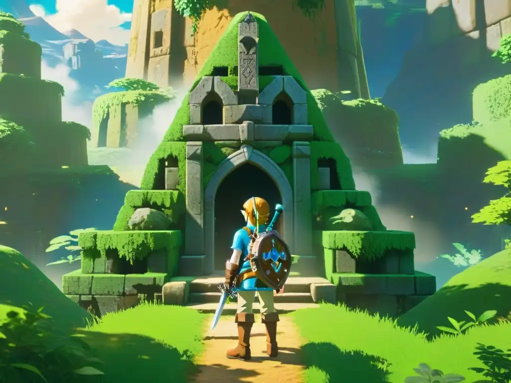 Link frente a un santuario antiguo en The Legend of Zelda, rodeado de naturaleza y misterio