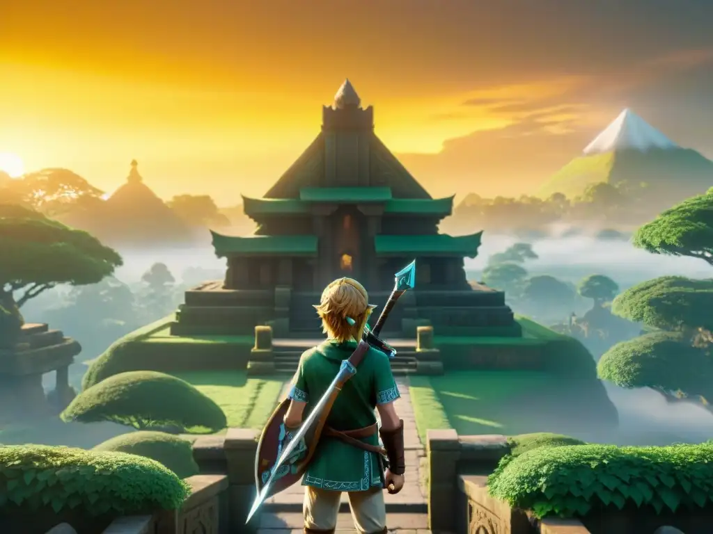 Link frente a un templo antiguo en Hyrule, sosteniendo la Espada Maestra al atardecer