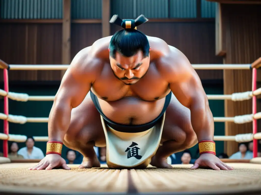 Un luchador de sumo en plena ceremonia prepartido, mostrando su imponente físico y concentración en un escenario tradicional japonés