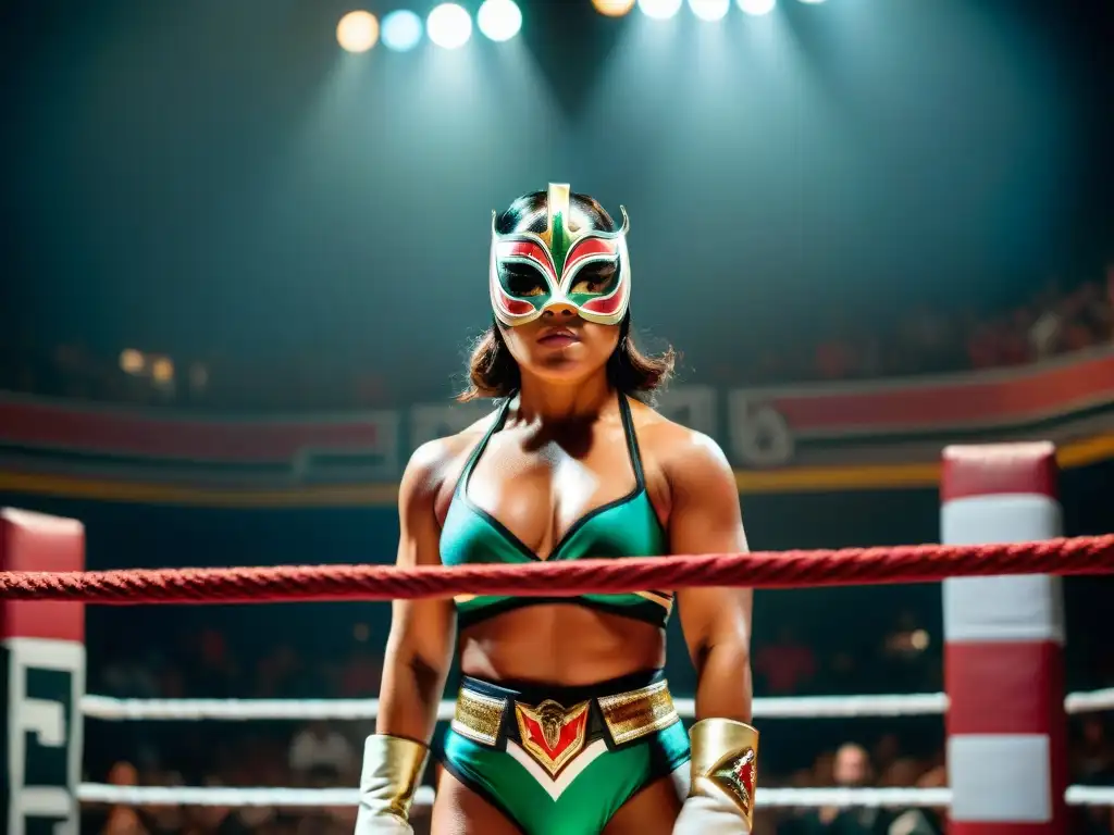 Una luchadora de la historia de la lucha libre, con una máscara que fusiona culturas, lista para desafiar