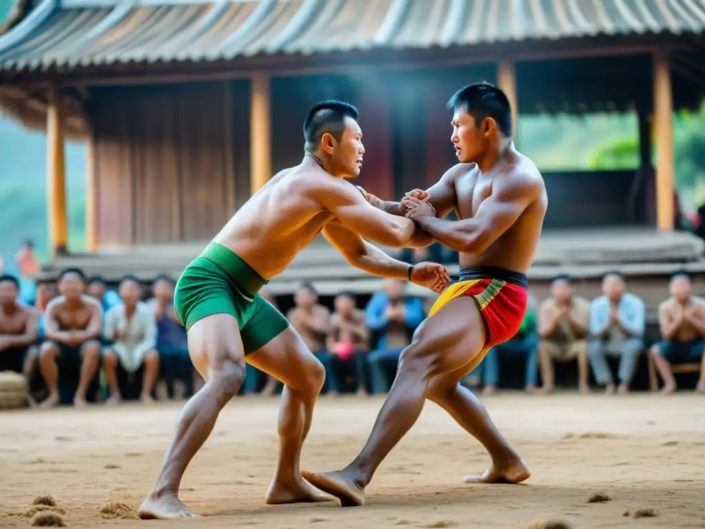 Dos luchadores se enfrentan en una competición de lucha tradicional Laos en un pueblo rural, rodeados de espectadores y coloridos atuendos