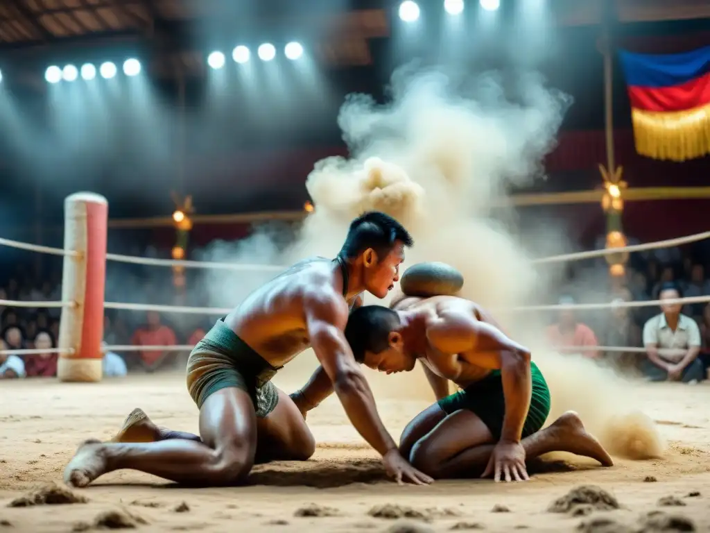 Dos luchadores en intensa competición durante una tradicional lucha laosiana, reflejando la fuerza y determinación en sus rostros