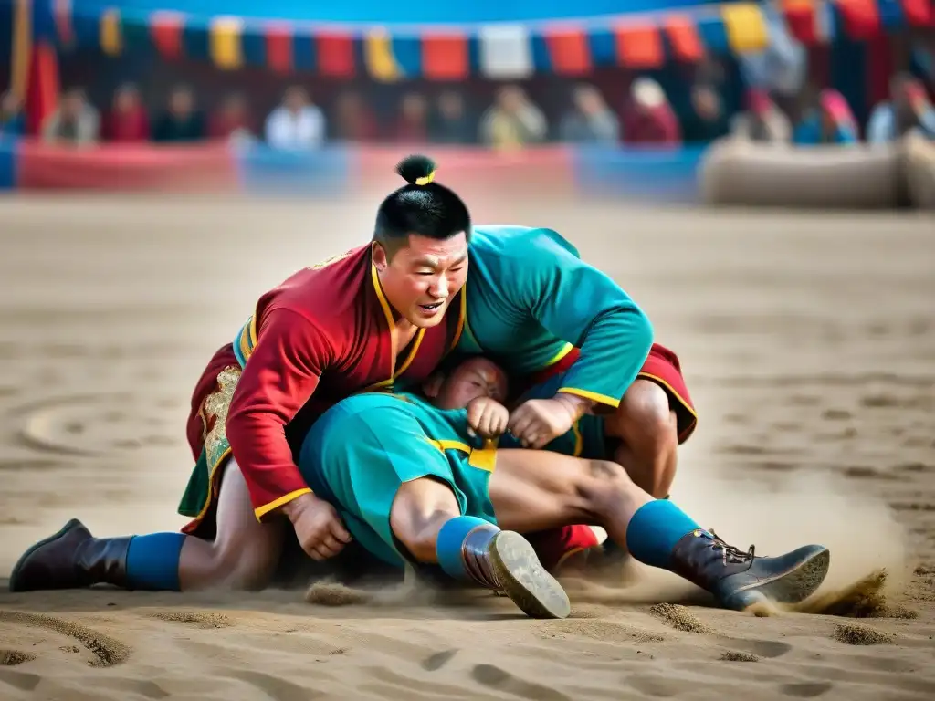 Dos luchadores de Mongolia en un intenso combate de bökh durante el Festival Nadaam