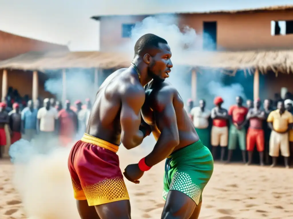 Dos luchadores senegaleses en plena batalla bajo el sol, en un intenso ritual de iniciación deportiva cultural