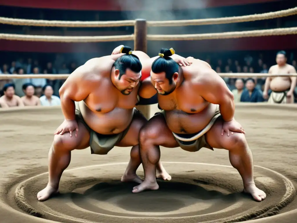 Duelo de sumo: intensidad y tradición en Japón Dos luchadores de sumo en un combate feroz, con mawashi tradicionales, en una arena llena